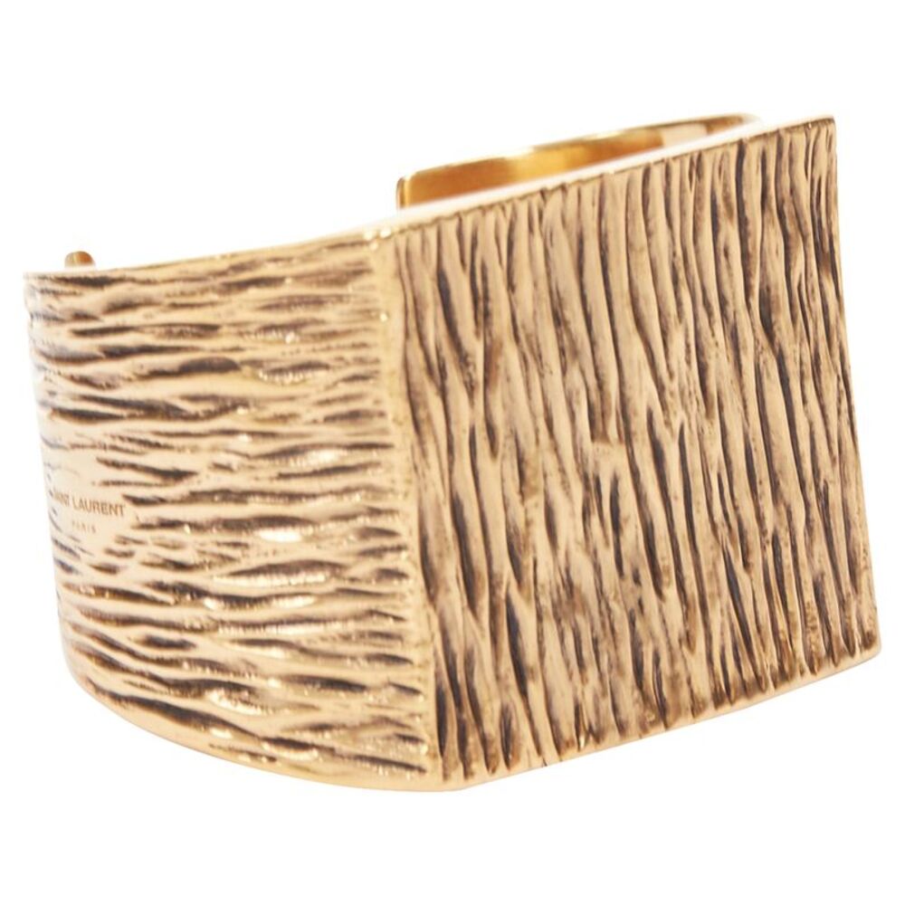 Saint Laurent gold tone bark wood textured square cuff bangle